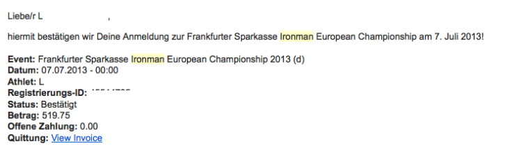 Image of my registration for the Frankfurt Ironman